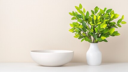 Fototapeta premium White Bowl and Vase with Green Plant On Beige Textured Wall