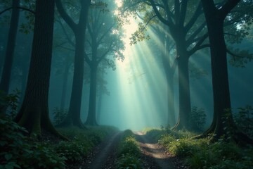 Obraz premium Mystical Forest Path Sunbeams Illuminate a Foggy Woodland Trail, Creating an Air of Serenity and Mystery