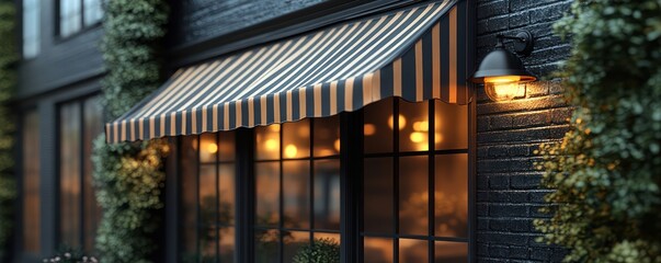 Stylish Black and Gold Striped Awning over Evening Shop Window