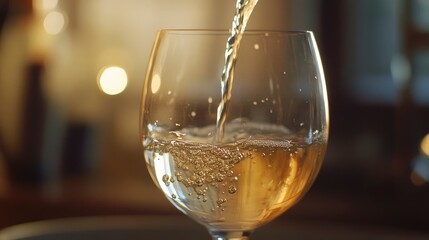 Water being poured into a glass, close-up on the water and glass with a blurred background of a home interior. 