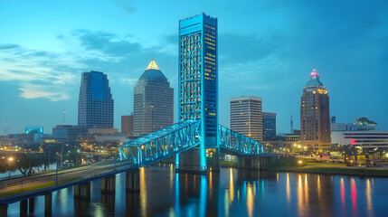 Fototapeta premium City skyline twilight, bridge, river, Florida
