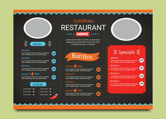 Modern fast food menu design template for restaurant and café on dark chalkboard. food trifold menu brochure