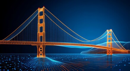 Obraz premium Golden Gate Bridge Made of Orange and Blue Data Points, Intricate Lines, and Dots
