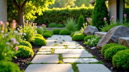 Serene Garden Path A sun-dappled stone walkway meanders through a meticulously landscaped garden, showcasing vibrant flowering plants and lush greenery, creating a tranquil outdoor oasis.