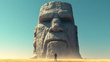 A Lone Figure Gazes Upon A Gigantic Stone Face
