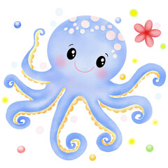 Cute Blue Octopus with Bubbles and a Flower