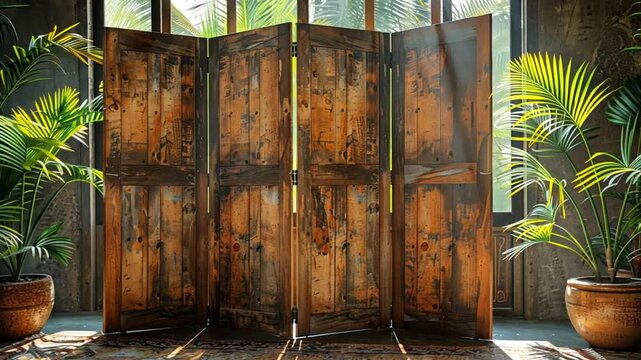Rustic Wooden Room Divider with Tropical Plants