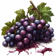 Fototapeta premium Fresh and Juicy Grapes with Luscious Purple Skin Surrounded by Green Leaves and Spilled Juice on White Background
