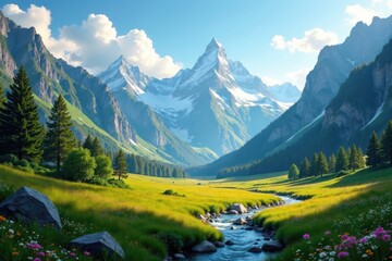 Serene Valley Meadow Surrounded by Majestic Snow-Capped Mountain Peaks Under a Sunny Sky