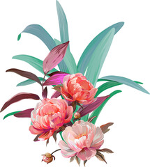 Obraz premium Vector bouquet of flowers. Roses, peonies, rose hips, foliage, bright summer flowers. Rose, peony