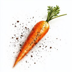 Freshly Harvested Orange Carrot with Green Leaves and Soil Dust on White Background