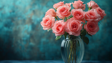 Obraz premium Soft pink roses, brimming with grace, are elegantly arranged in a clear glass vase.
