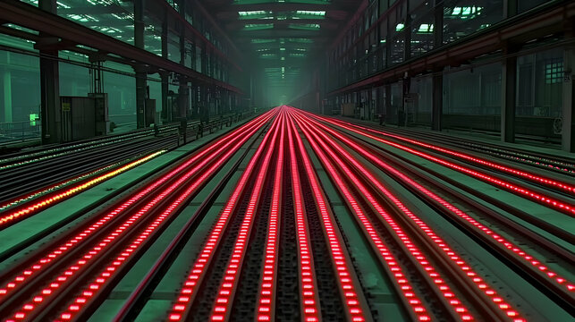 Glowing steel rails in factory. Industrial production, background