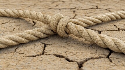 Fototapeta premium Rope tied in a knot on cracked dry soil surface.