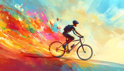 Fototapeta premium Cyclist Riding Bike Through Colorful Abstract Landscape