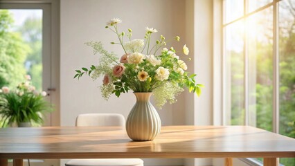 A sunlit wooden table displays a vase of delicate, pastel-colored flowers, creating a serene and peaceful atmosphere in a bright, minimalist room.