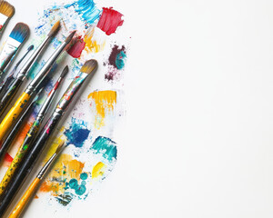 Vibrant Paintbrushes and Colorful Paint Strokes on White Canvas for Artistic Creativity and Design Inspiration