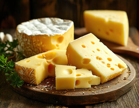 cheese on a wooden board on a dark background.