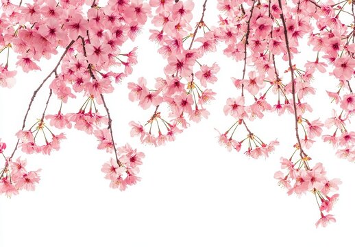 Pink cherry blossoms cascading, spring garden, white background, floral design