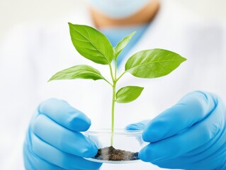 close up of young female scientist wearing protective mask holding petri dish with plant and soil sample in bio laboratory 