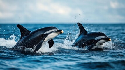 Fototapeta premium Two playful dolphins leaping out of the ocean, creating beautiful splashes and showcasing their sleek, black and white bodies against the vast blue waters.