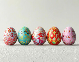 Easter eggs in pastel delicate colors with creative pattern on white background.