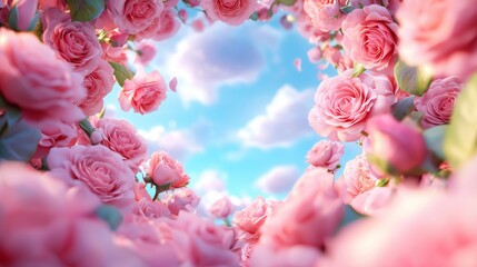 Romantic Pink Roses Frame with Blue Sky Background