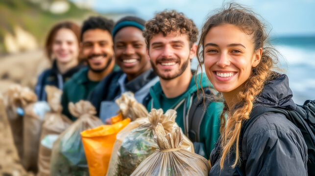 Diverse group of volunteers cleaning up beach, holding bags of collected waste. Concept of environmental activism, community engagement, sustainability. Perfect for eco-campaigns, nature conservation