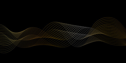 Abstract black background with golden line. with shadow. abstract design flowing particles digital frequency track equalizer. abstract wave line for banner, wallpaper background with wave design