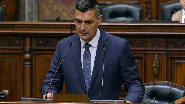 The speaker, a politician and member of parliament, delivers an impactful speech before members of Congress, articulating key policies and addressing national issues with fervor.