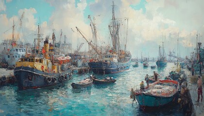 Obraz premium Busy Harbor Scene with Ships and Working People