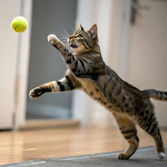 A dynamic shot of a cat mid-pounce, reaching for a bouncing ball.