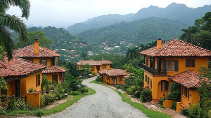 Obraz premium Mountainside village, winding road, tropical houses, lush greenery, vacation getaway