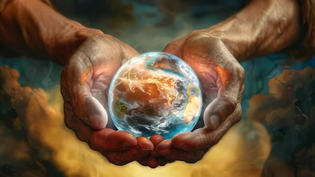 Divine presence: God cradles Earth within his hands, symbolizing omnipresence, the Creator's power over the universe, illustrating divine connection and influence in every corner of the planet.