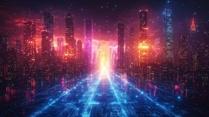 Obraz premium Neon Cityscape Highway Futuristic road leading to vibrant metropolis at night