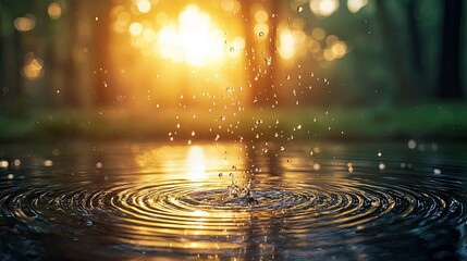 Golden Hour Water Drops: Serene Sunset Reflections on a Tranquil Lake