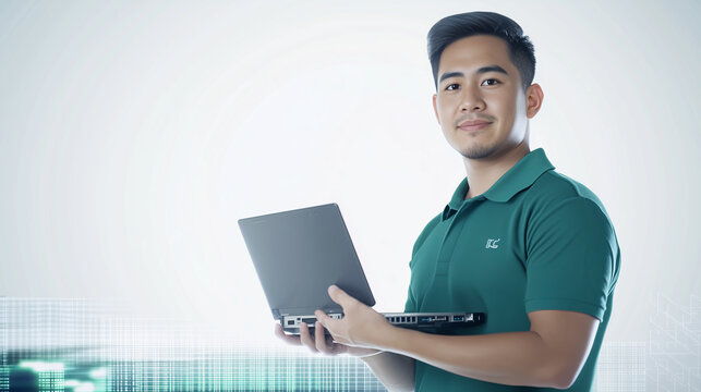 Confident IT technician holding a laptop, providing technical support and computer repair services  
