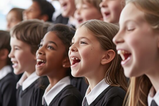 Elementary school students singing together in choir