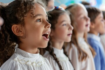 Obraz premium Group of young students singing in unison, possibly during a school performance or choir practice