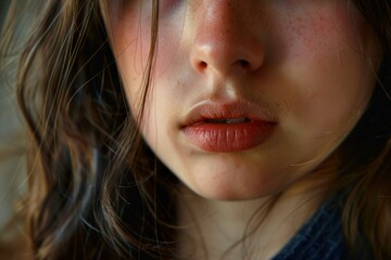 Close up of a young girl's face, highlighting her freckles, lips, and natural beauty