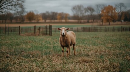 Obraz premium Sheep Standing in Green Field with Fences and Trees Under Cloudy Sky in Autumn Landscape