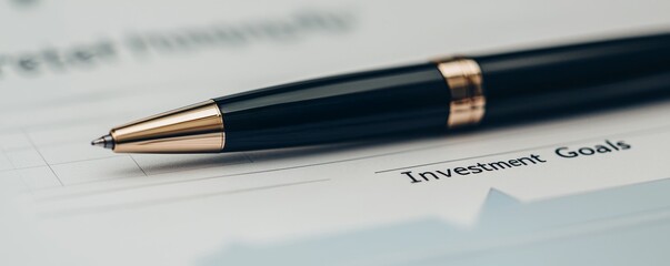 Interest rates investment goals concept. Close-up of a pen resting on an investment goals document.