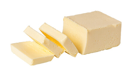 Butter block and slices resting on transparent background