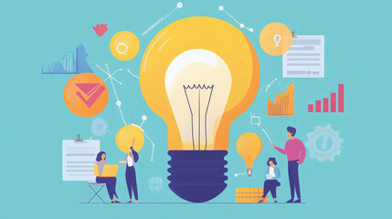 Online business ideas, inspiration and research flat concept with computer surrounded by icons depicting analysis, accounting, maths, presentation, gear, DVD, paperwork and books for brainstorm