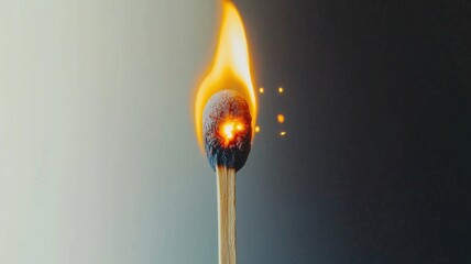 A close-up of a lit matchstick, showcasing its flame and glowing tip against a gradient background.