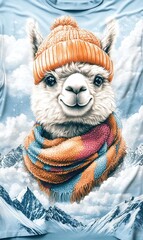 Fototapeta premium Cute Alpaca in Winter Hat and Scarf Snowy Mountains