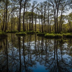 Un bosque de &aacute;rboles altos con un r&iacute;o claro reflejando el cielo puro y sin nubes.