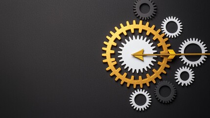 Strategy goal framework concept. Golden gears with an arrow on a dark background.