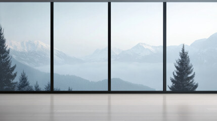 Naklejka premium serene view of snow capped mountains through large windows, showcasing minimalist interior design. tranquil atmosphere invites relaxation and contemplation