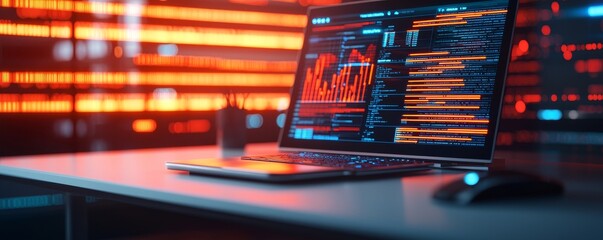 Technology with Wealth concept. High-tech workspace with a laptop displaying data analytics in vibrant colors.